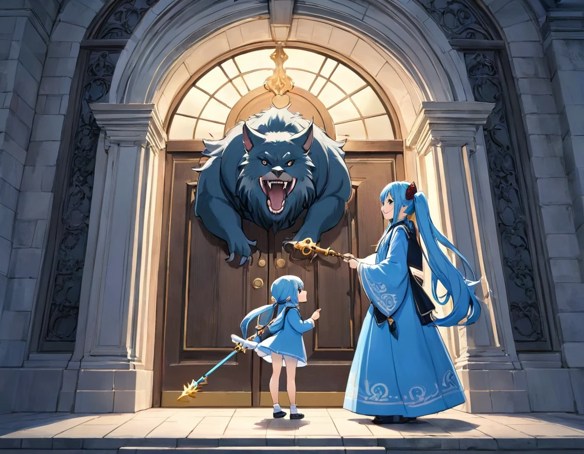 Light blue long hair、Twin-tailed Girl、holding a big key、Bright smile、Standing in front of a large magical door guarded by a scary beast、profile、