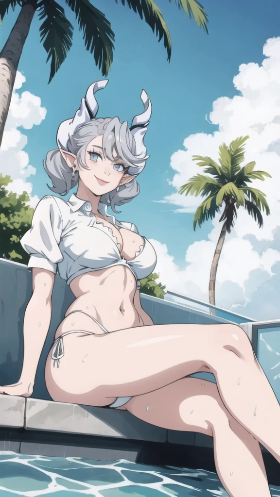 High level image quality best image quality 8K adult woman pool party rain palm trees more colors white body portrait bikini horn ears short hair((shortcut)(gray hair)(perm)(fluffy)) eye color is blue , , attractive evil face , smile , sexy pose , labrynth , barearm , wearing white shade shirt , sitting by the pool , crossed legs , all wet , view from below