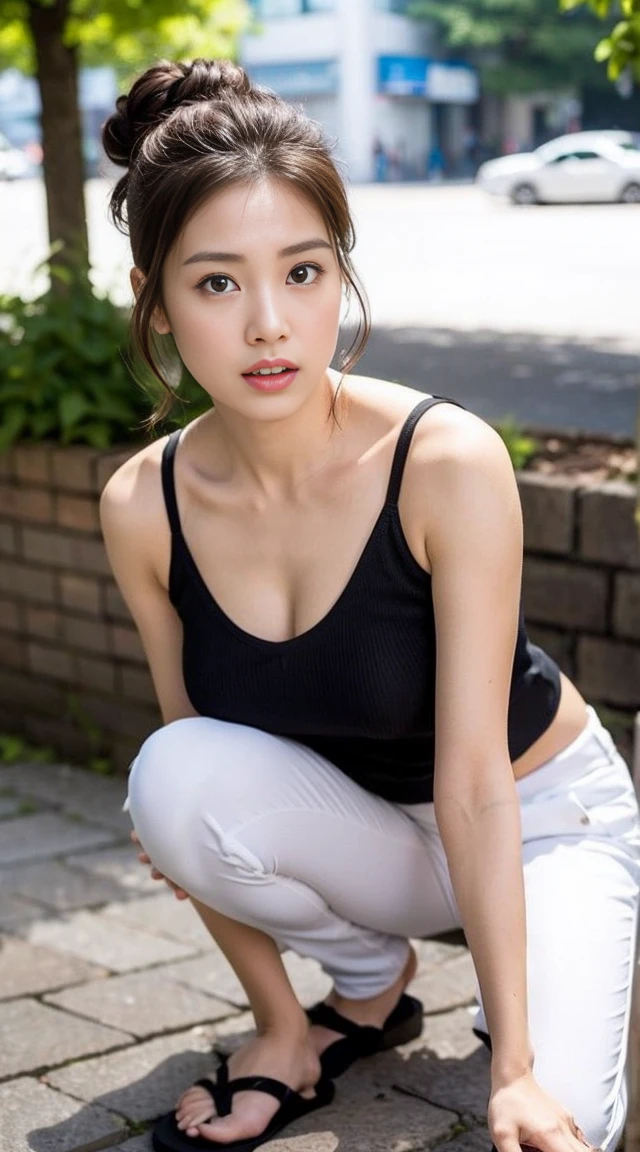 Dark brown hair、Light brown eyes、Japanese actress、 Lady、I am about 40 years old..、(Intricate details:1.2)、(Which one is on top??:1.4)、 (Ultra-high resolution:1.2)、Ultra-high resolution、(Finely tuned)、(Detailed facial features)、Hmph、8K resolution、D cup size breasts、Long Hair、Updostyle, Updo、Hair Bun、1 Girl, A look of deep sadness, (Very detailed美しい顔), (blackのカットソーキャミソール:1.5),black　Tight-fitting shorts、 (Bare shoulders:1.3), (Highest quality:1.4), (Very detailed)、Beautiful white skin,  Top view、 Spread your legs wide, Please open your mouth a little、I can see your legs、Pose of Weakness、Obscene pose、Street fashion、Very sandals、