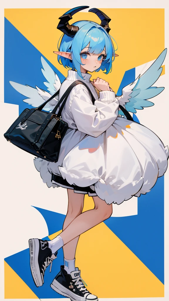 full-length girl, ram ears and horns, sweater, shorts, Converse sneakers, bag, pretty face, adopt, osAdopt, angel girl, elf ears, high-waisted shorts, ruffled blouse, big wings, short blue hair,