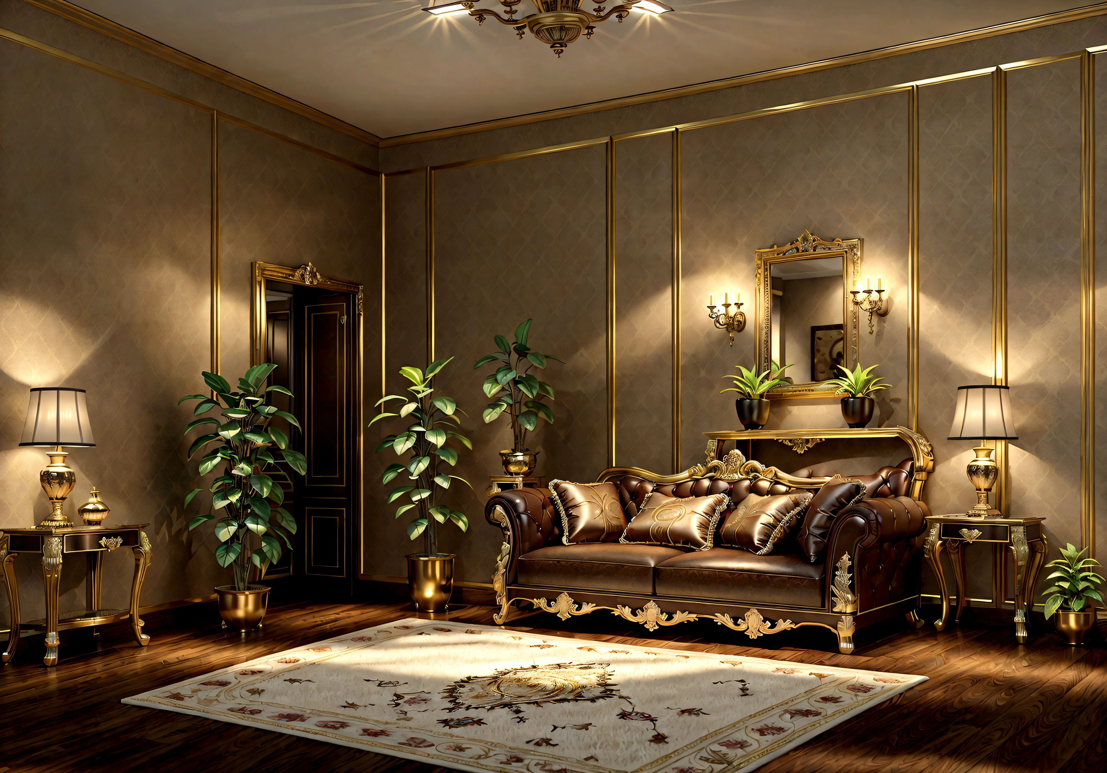a luxurious interior, ornate decor, finely detailed furniture, potted plants, warm lighting, realistic, cinematic lighting, 8k, high quality, extremely detailed, high resolution