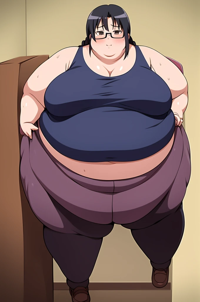 Anime Women, Lady、Black Hair, Forehead、Hair tied up、Long braids down to the waist、Glasses、Brown eyes、Are fat、Chubby、Voluptuous、obesity、Double chin、Cheek、Fat-covered neck、Big Breasts、Thick upper arms、tall、Deunitard、tights、、Sweat、blush