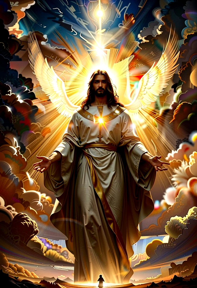 cinematic dramatic portrait of jesus christ, jesus christ in glory, jesus christ in the sky, jesus christ surrounded by light, jesus christ in divine atmosphere, masterful oil painting, highly detailed, photorealistic, dramatic lighting, cinematic composition, epic scale, glowing radiant light, heavenly atmosphere, majestic clouds, dramatic sky, dramatic lighting, chiaroscuro, intricate details, rich textures, vibrant colors, renaissance style, ornate details, heavenly aura, ethereal presence