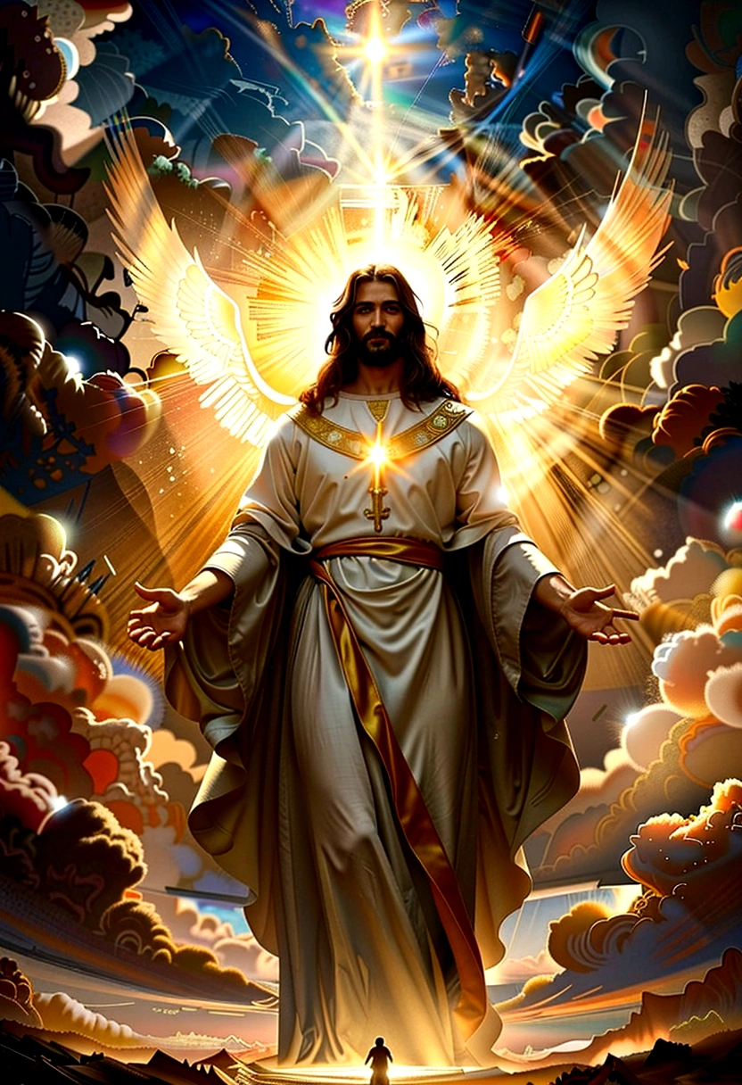 cinematic dramatic portrait of jesus christ, jesus christ in glory, jesus christ in the sky, jesus christ surrounded by light, jesus christ in divine atmosphere, masterful oil painting, highly detailed, photorealistic, dramatic lighting, cinematic composition, epic scale, glowing radiant light, heavenly atmosphere, majestic clouds, dramatic sky, dramatic lighting, chiaroscuro, intricate details, rich textures, vibrant colors, renaissance style, ornate details, heavenly aura, ethereal presence