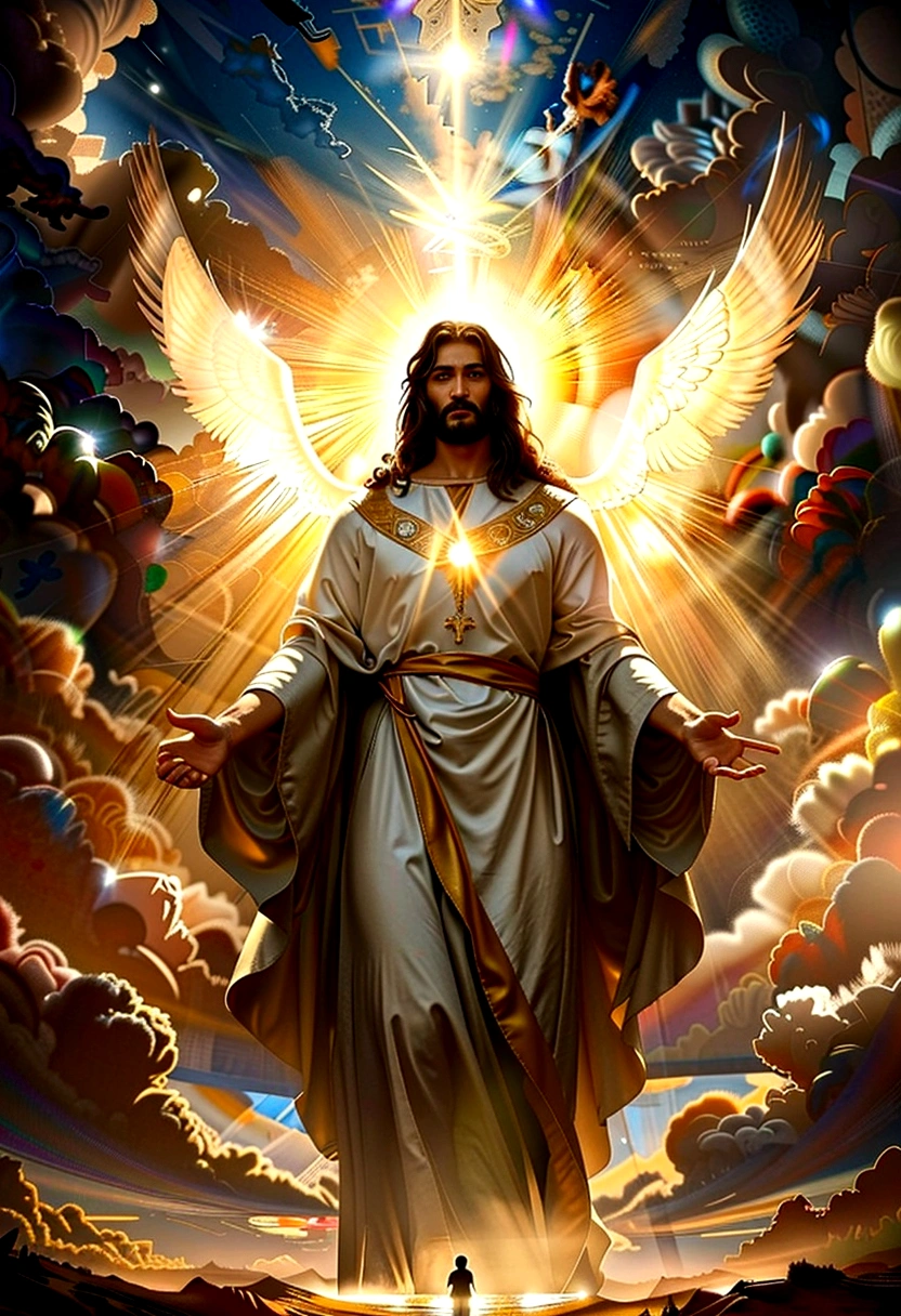 cinematic dramatic portrait of jesus christ, jesus christ in glory, jesus christ in the sky, jesus christ surrounded by light, jesus christ in divine atmosphere, masterful oil painting, highly detailed, photorealistic, dramatic lighting, cinematic composition, epic scale, glowing radiant light, heavenly atmosphere, majestic clouds, dramatic sky, dramatic lighting, chiaroscuro, intricate details, rich textures, vibrant colors, renaissance style, ornate details, heavenly aura, ethereal presence