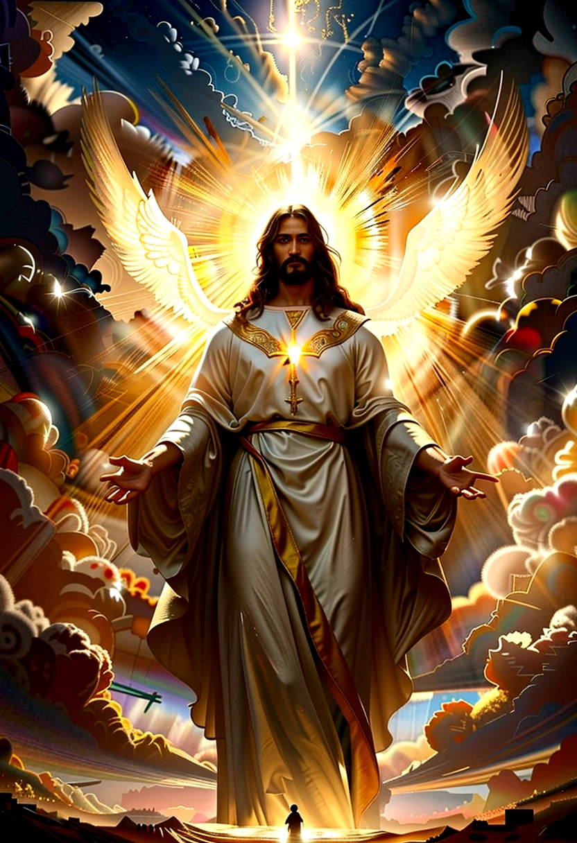 cinematic dramatic portrait of jesus christ, jesus christ in glory, jesus christ in the sky, jesus christ surrounded by light, jesus christ in divine atmosphere, masterful oil painting, highly detailed, photorealistic, dramatic lighting, cinematic composition, epic scale, glowing radiant light, heavenly atmosphere, majestic clouds, dramatic sky, dramatic lighting, chiaroscuro, intricate details, rich textures, vibrant colors, renaissance style, ornate details, heavenly aura, ethereal presence