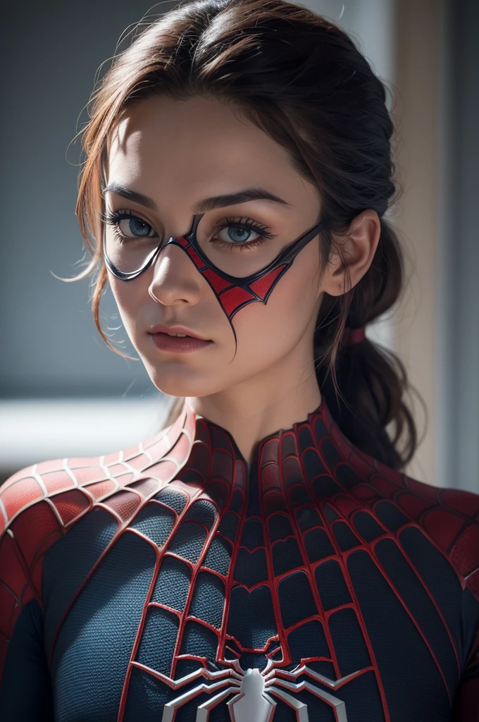 ((Riley Reid )), (((exposed breasts, covering nipples))), removing costume:1.2, bright eyes, ((costume is open from her chest to her vagina)), smile, Beautiful woman detailed defined body, ((spider man cosplay)), small breasts, ((breasts popping out)), thigh gap, (perky), brunette hair, narrow waist, wide hips ((bare chest)), (show nipples) (((location is detailed city rooftop))), time of day is night, the costume is coming off, ((her bare breasts are exposed)), visible nipples, (visible vagina)