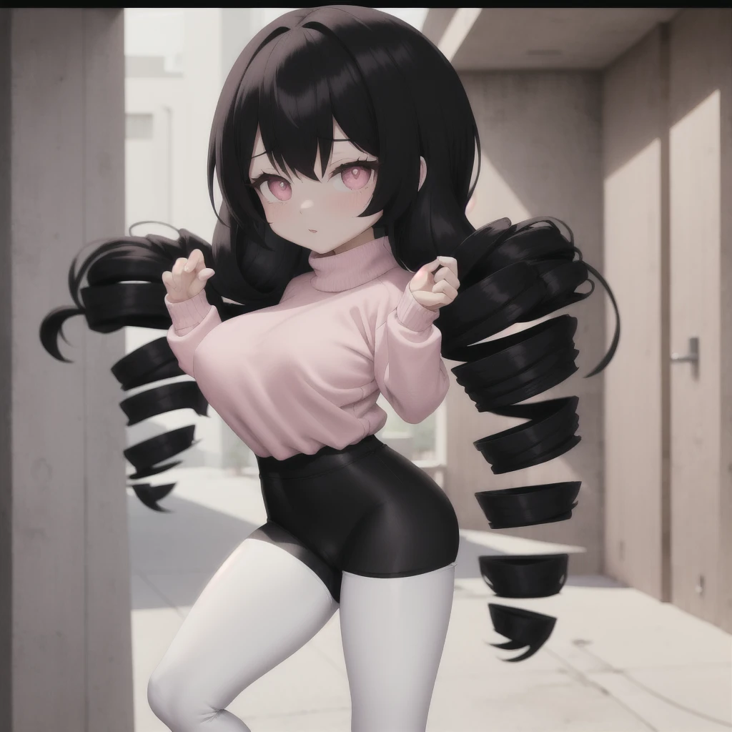 black hair, female, twin drills, solo, smol, pink eyes, hyper breasts, very long hair, sexy pose, wear plain white sweater and leggings, masterpiece, ultra high quality