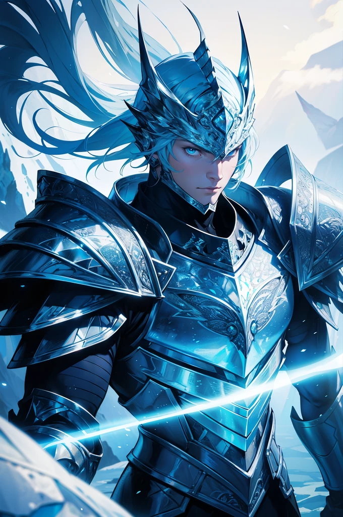 Ice knight, man with fine armor, intricate design, ocean blue details, silk, cinematic lighting, 4k, floating hair, sharp, prism, shining knight. Man with details armor. 