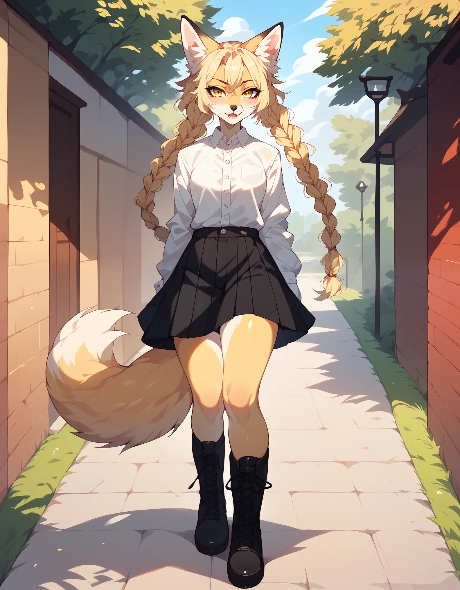 score_9, score_8_up, score_7_up, Kimiko, an anthro furry fox girl, yellow furry body, blonde braided hair, two braids, wearing white button up shirt, black skirt, black boots, standing, outdoors,