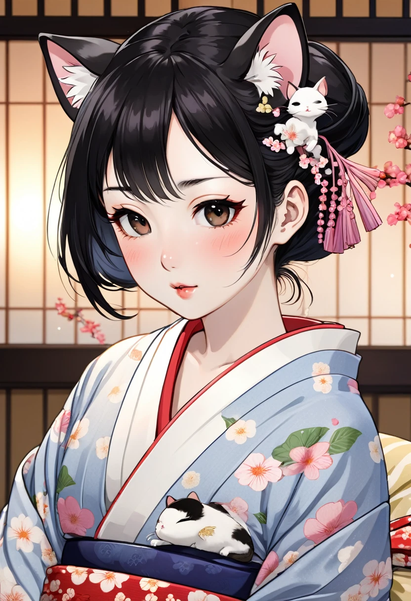(utamaro style:1.2) , Hallucination, daydream , nightmare , Insane Dream , bokeh , erotica , romance , realistic mouse nymph and realistic cat , yukata , futon , Petals fluttering down , Single eyelids, round nose, swollen cheeks , glossy lips , Mount Fuji, Hawk, licking Eggplant , Collarbone , Disheveled Hair