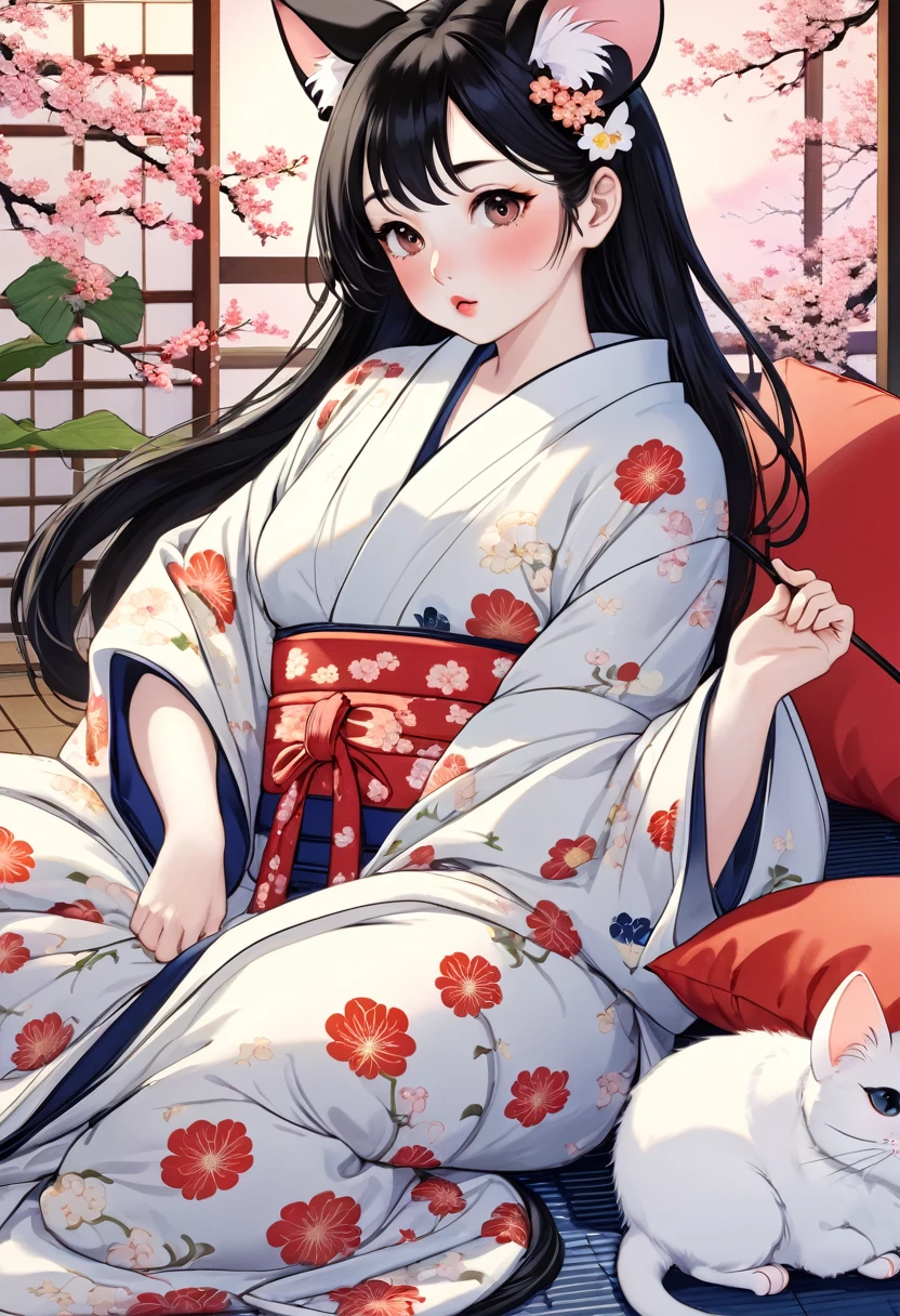 (utamaro style:1.2) , Hallucination, daydream , nightmare , Insane Dream , bokeh , erotica , romance , realistic mouse nymph and realistic cat , yukata , futon , Petals fluttering down , Single eyelids, round nose, swollen cheeks , glossy lips , Mount Fuji, Hawk, licking Eggplant , Collarbone , Disheveled Hair