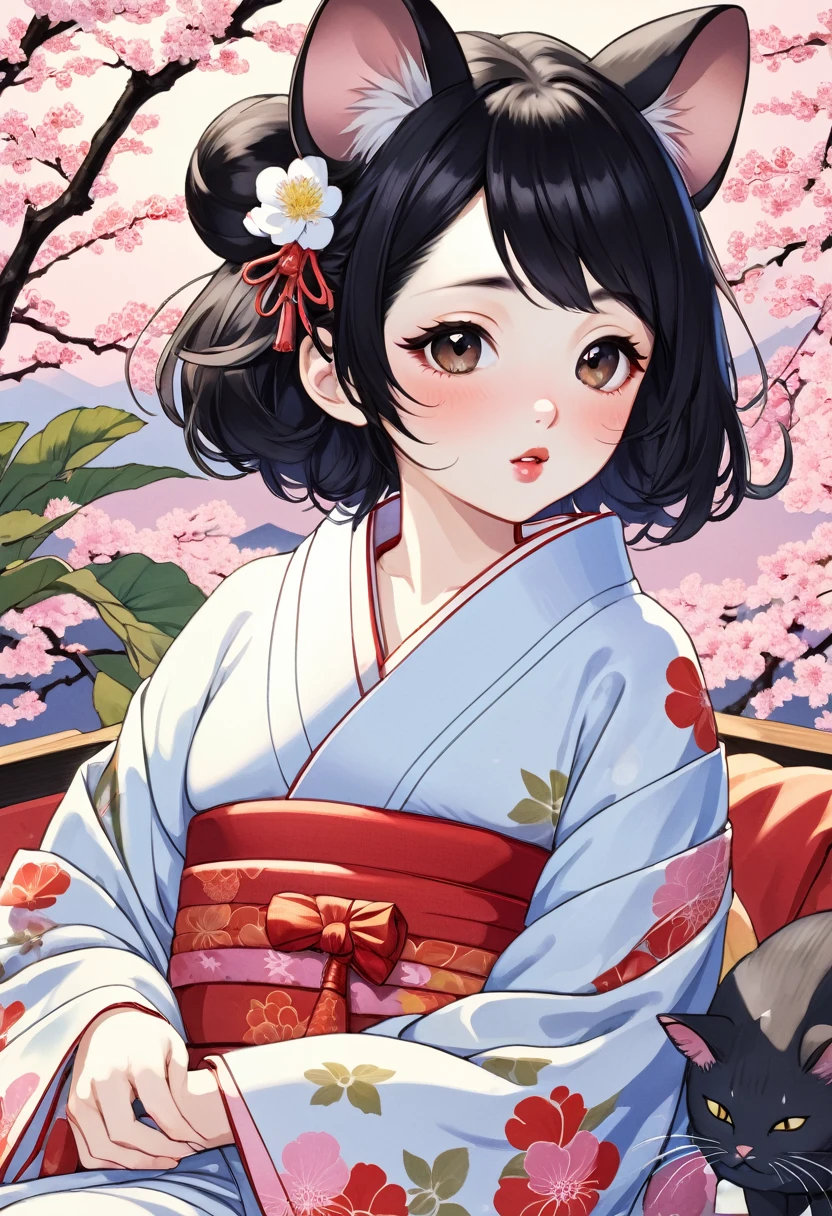 (utamaro style:1.2) , Hallucination, daydream , nightmare , Insane Dream , bokeh , erotica , romance , realistic mouse nymph and realistic cat , yukata , futon , Petals fluttering down , Single eyelids, round nose, swollen cheeks , glossy lips , Mount Fuji, Hawk, licking Eggplant , Collarbone , Disheveled Hair