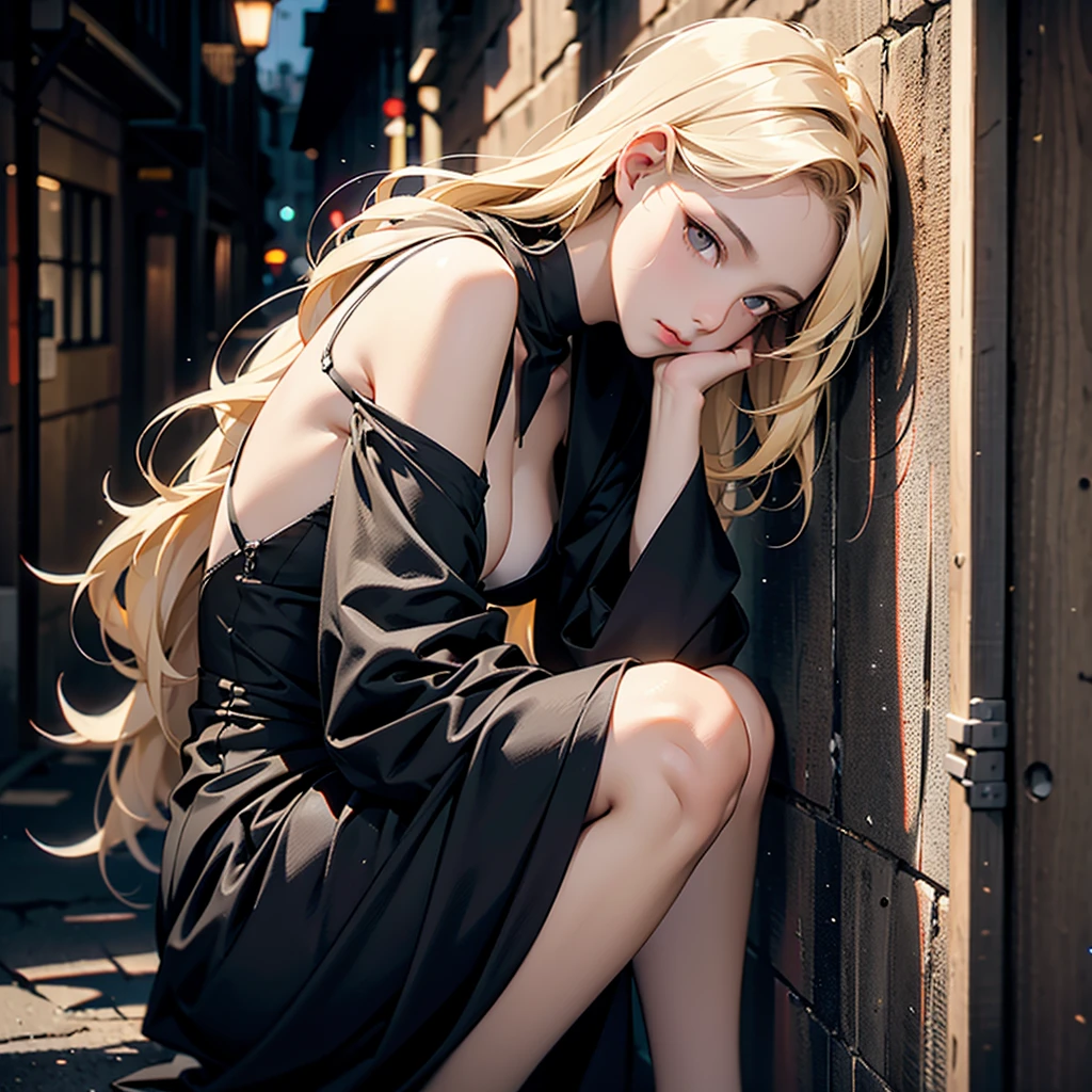 woman , very dark image, angel, injured bat wings, white eyes, blonde hair, dark alley of the city, leaning on the walls, seriously injured.