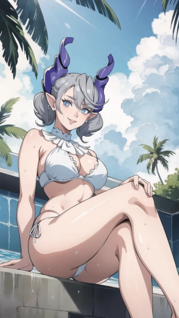 High level image quality best image quality 8K adult woman pool party rain palm trees more colors white body portrait bikini horn ears short hair((shortcut)(gray hair)(perm)(fluffy)) eye color is blue , , attractive evil face , smile , sexy pose , labrynth , barearm , wearing white shade shirt , sitting by the pool , crossed legs , all wet , view from below