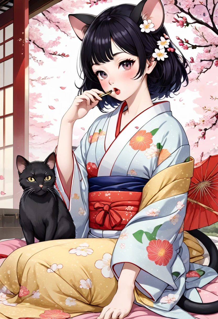 (utamaro style:1.2) , Hallucination, daydream , nightmare , Insane Dream , bokeh , erotica , romance , realistic mouse nymph and realistic cat , yukata , futon , Petals fluttering down , Single eyelids, round nose, swollen cheeks , glossy lips , Mount Fuji, Hawk, licking Eggplant , Collarbone , Disheveled Hair