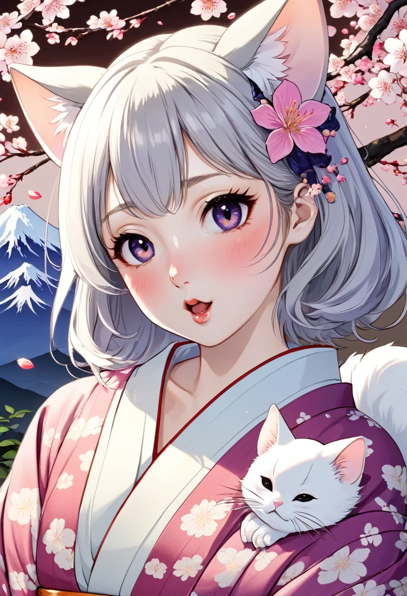(utamaro style:1.2) , Hallucination, daydream , nightmare , Insane Dream , bokeh , erotica , romance , realistic mouse nymph and realistic cat , yukata , futon , Petals fluttering down , Single eyelids, round nose, swollen cheeks , glossy lips , Mount Fuji, Hawk, licking Eggplant , Collarbone , Disheveled Hair