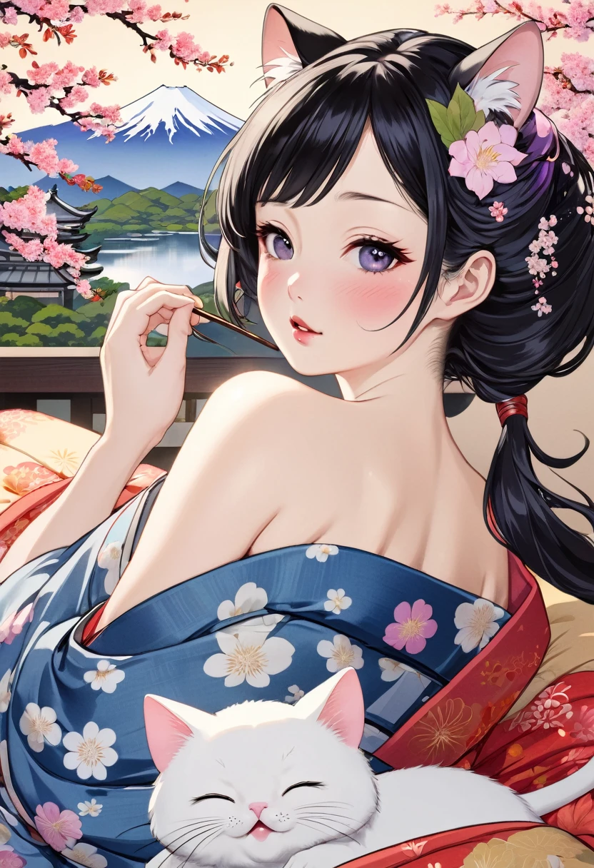 (utamaro style:1.2) , Hallucination, daydream , nightmare , Insane Dream , bokeh , erotica , romance , realistic mouse nymph and realistic cat , yukata , futon , Petals fluttering down , Single eyelids, round nose, swollen cheeks , glossy lips , Mount Fuji, Hawk, licking Eggplant , Collarbone , Disheveled Hair
