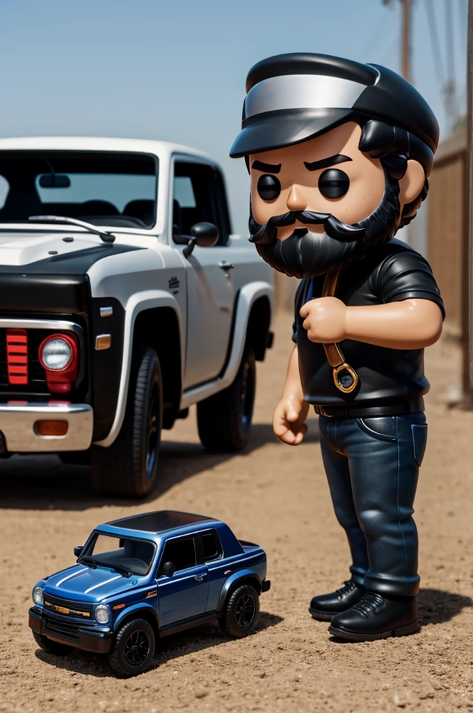 funko pop with beard and jockey, in the background with a black Chevrolet car