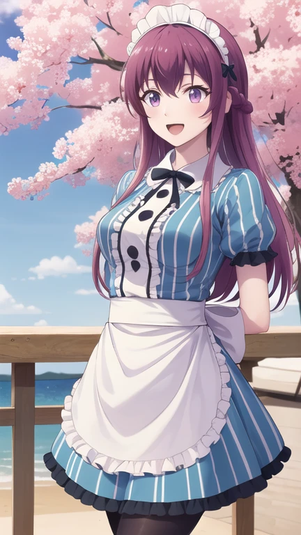 masterpiece, best quality, highres, 1girl, solo, long hair, purple hair, braid, maid headdress, purple eyes, neck ribbon, frills, vertical stripes, blue dress, short sleeves, apron, black pantyhose, arms behind back, smile, open mouth, standing, cowboy shot, leaning forward, outdoors, cherry blossoms,