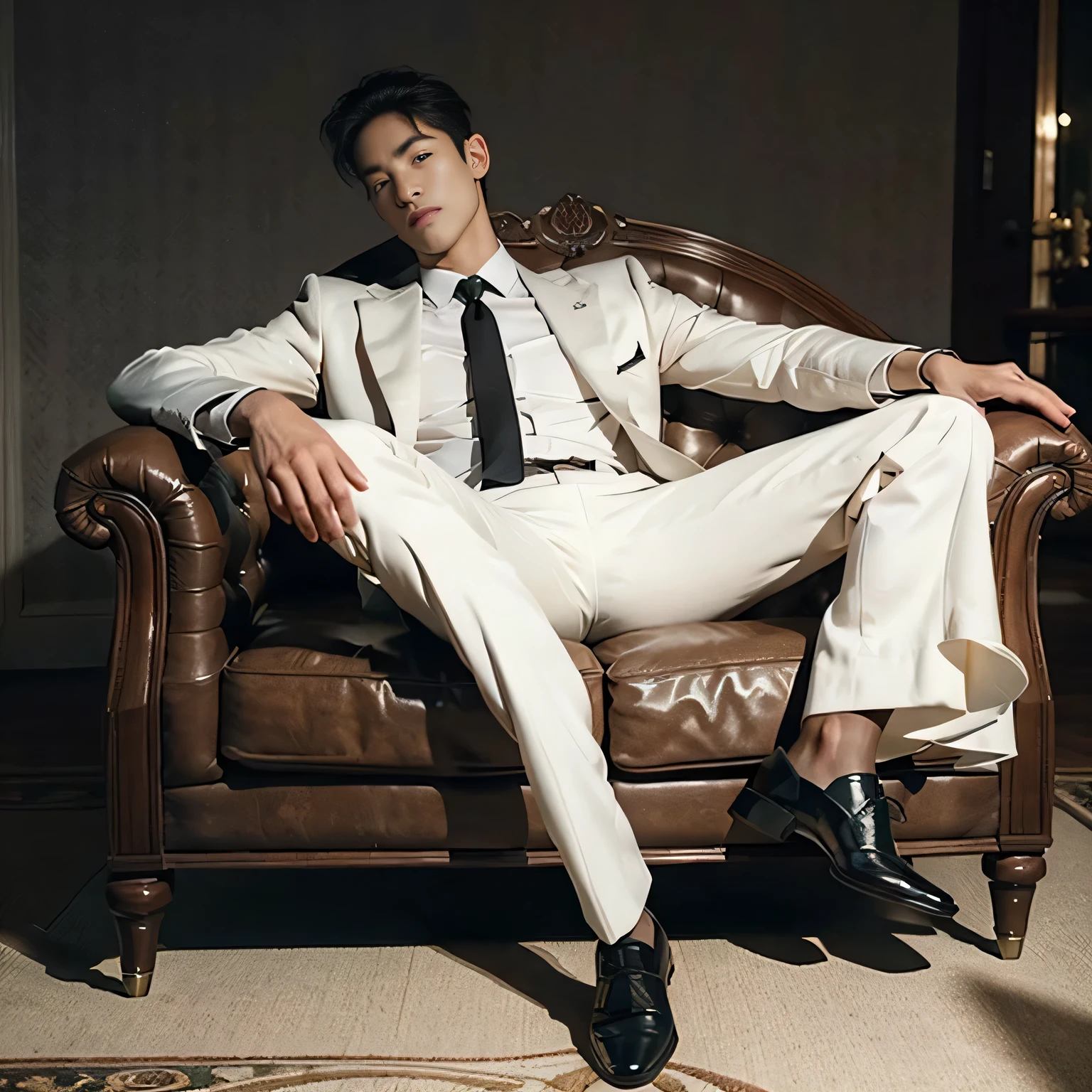 1boys,White color blouse,short detailed hair,long sleeves shirt,Gucci belts,black necktie,Wear formal attire,Lower suit pants,leather shoes,Buckle the left hand and clasp the right wrist,A relaxed and languid state,Overbearing president,best qualtiy,(Realiy,Foto realism:1.4),tmasterpiece, Extremely Delicately Beautiful,extremely higly detailed,2k wallpaper,astounding,finedetail,extremely detaild的 CG unified 8k wallpapers,Super meticulous,A high resolution,the soft light,Handsome boy,extremely detailed eyes ancface,Beautiful detailed nose,Handsome and delicate eyes ,In a dimly lit room,The room was simply decorated,Recline on the sofa,Long legs are stretched out at will