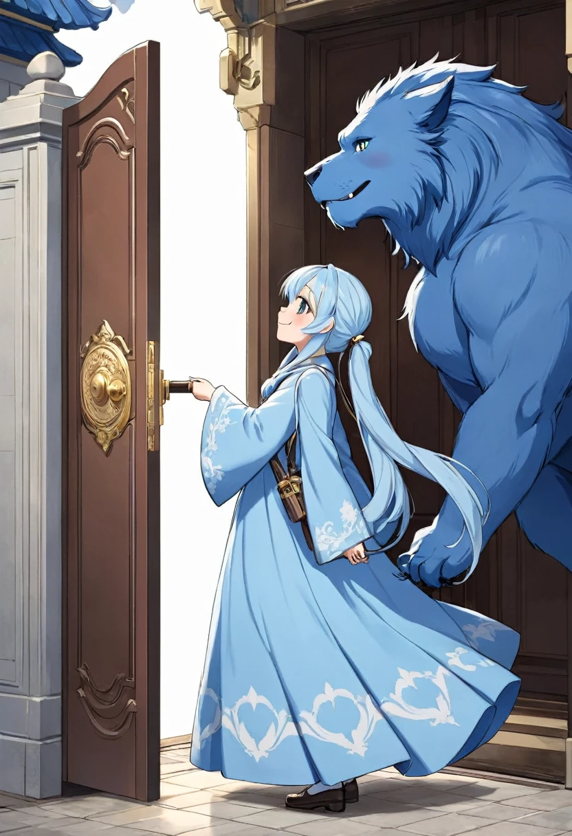 Light blue long hair、Twin-tailed Girl、holding a big key、Bright smile、Standing in front of a large magical door guarded by a blue beast、The beast is heading this way、profile、