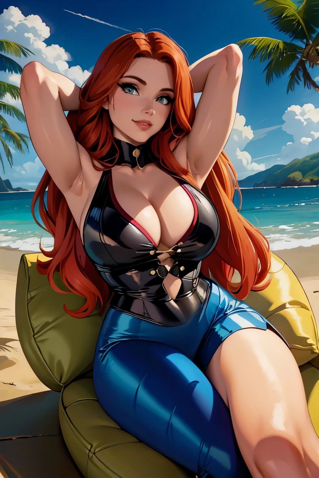 1 girl, long hair, red hair, part of the hair, (hazel eyes:1.1), make up, mascara, rosy cheeks, smokey eyes, lipstick, (comely, marvelous:1.1), ([Amy Adams|Fisher Island|Jenna Fischer]:1.1), voluptuous, curved, busty, (breasts big:1.2), (Broad Hips:1.2), (sensuous:1.5), (比基尼:1.3), colorfully, filigreed, satisfied, chilled out, soft smiling, presumptuous, pretentious smile, (gazing at viewer:1.4), lying down, with pillow, armchair, (ombre:1.3), sand, parasol, leaning back on the pillow, Recumbent, arms up, Underarms, hands behind head, detailed back ground, at beach, sand, palmtrees, ocean, ripples, midi, sunshine light, blue sky, (line of work:1.1)