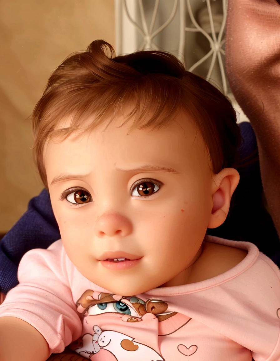 beautiful huge eyes, brown hair and big eyes, huge adorable eyes, with beautiful passionate eyes, short brown hair and big eyes, close-up of a lovely, rosy cheeks, beautiful big eyes, looking affectionately at the camera, beautiful big clear eyes, young cute face, "(best quality,ultra-detailed,realistic:1.37),3D rendering,illustration,character design,Pixar style, cute , pink dress, sitting on the floor, with a small rabbit on her lap, next to a small basket, happy expression.
