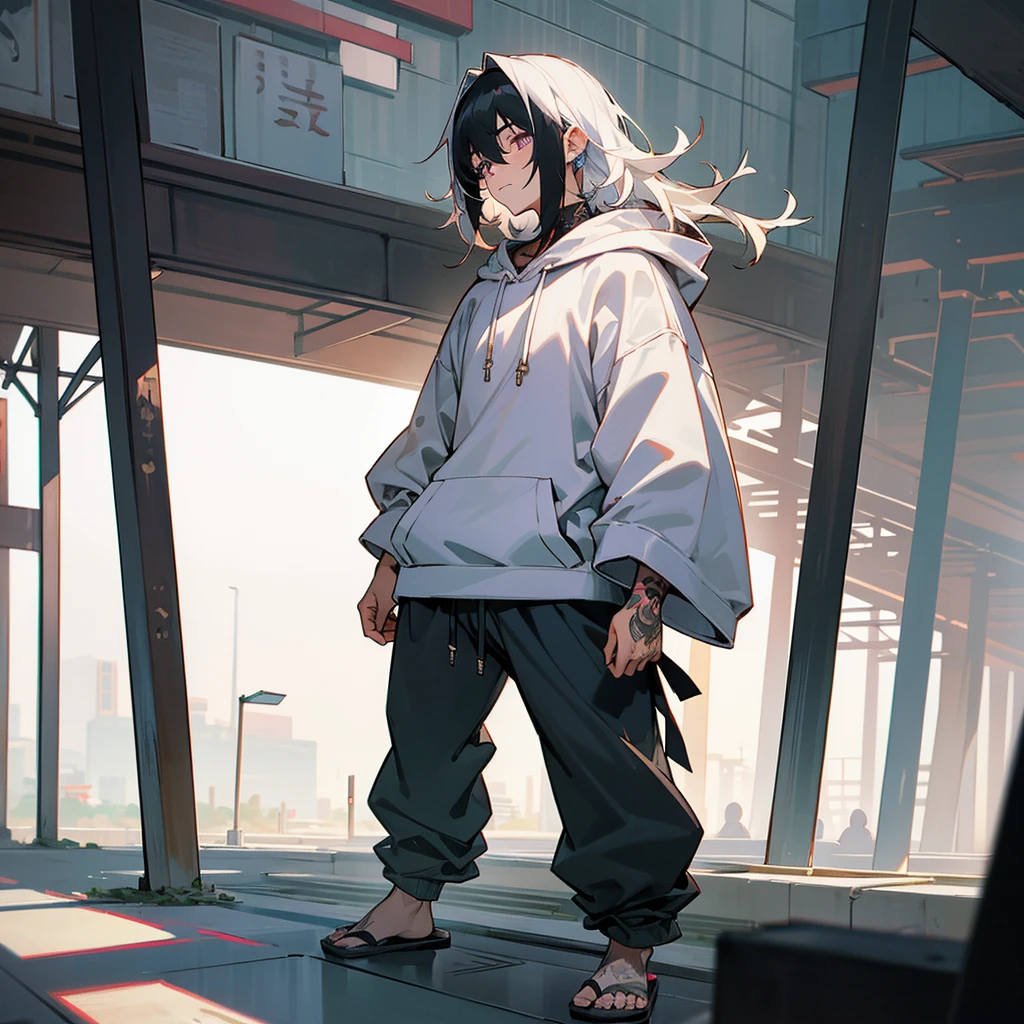 1male,  adult, finely detailed plum eyes, wild medium hair, two tone hair, black hair color, seashell white hair color, oversized hoodie, baggy pants, standing on building, day time, tokyo streets, calm expression, muscular, tattoos