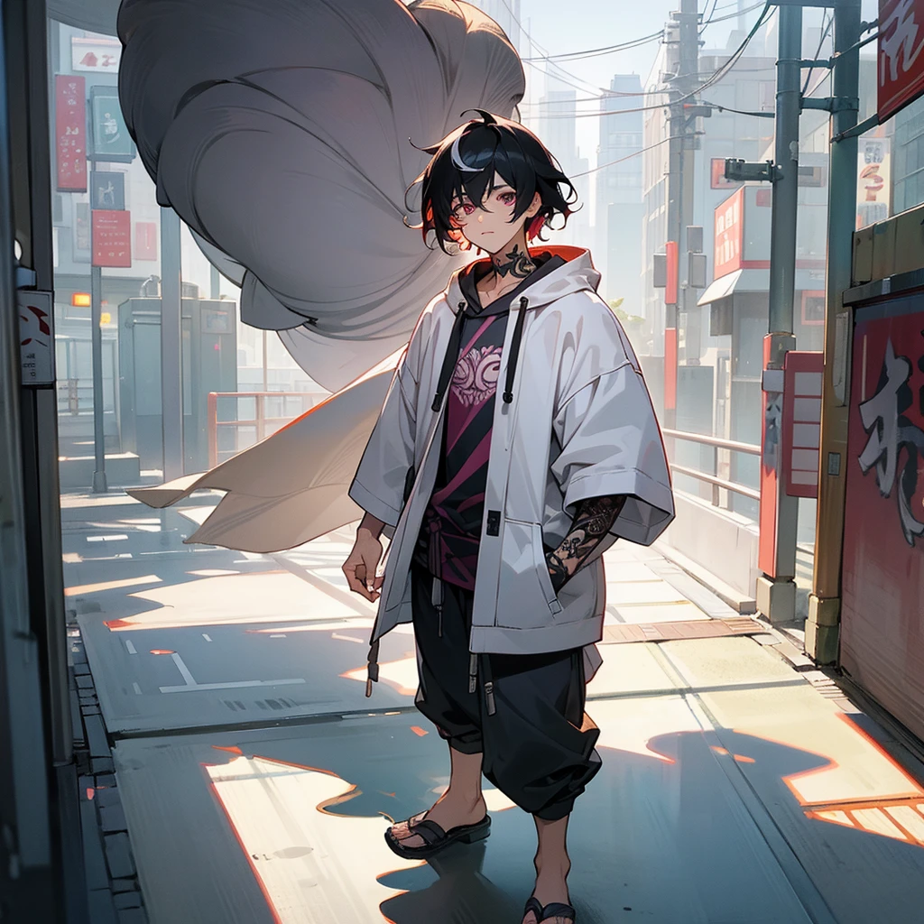 1male, young adult, finely detailed plum eyes, wild medium hair, two tone hair, black hair color, seashell white hair color, oversized hoodie, baggy pants, standing on building, day time, tokyo streets, calm expression, muscular, tattoos