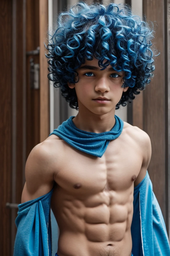 A boy that has blue hair that is fluffy and curly. His body is tiny and has no muscle. His skin is dark and his eyes are blue
