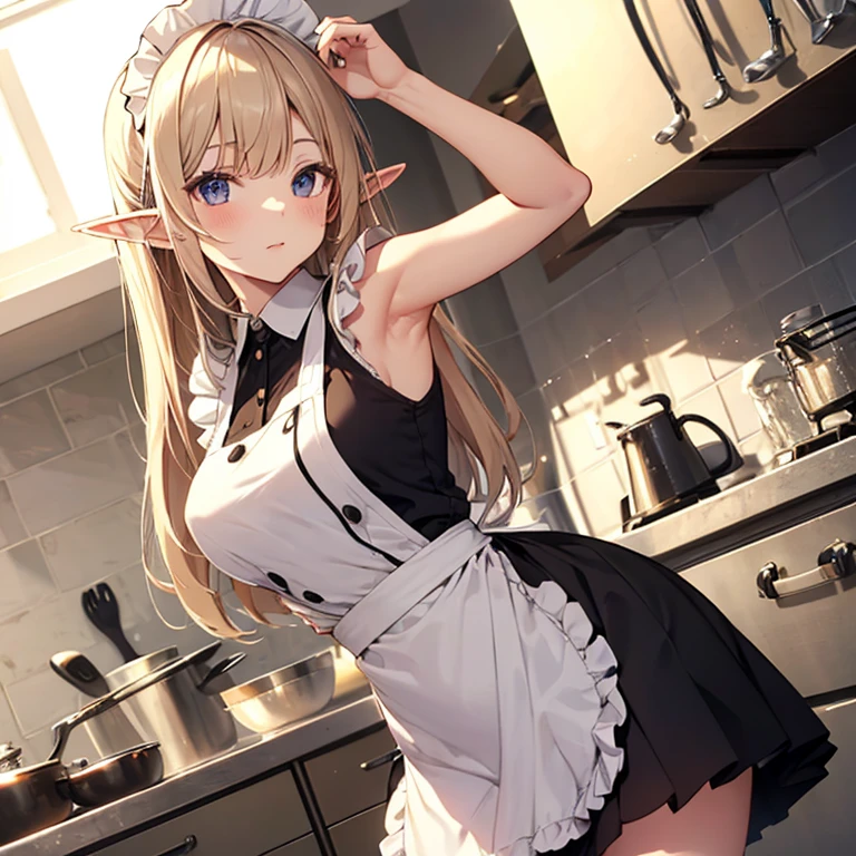 A maid, (in kitchen), various hair styles, night, details face, short skirt, seducing, sleeveless, maid uniform, armpits, elf