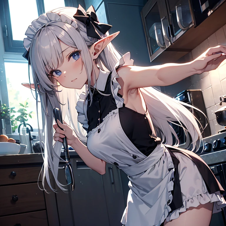 A maid, (in kitchen), various hair styles, night, details face, short skirt, seducing, sleeveless, maid uniform, armpits, elf