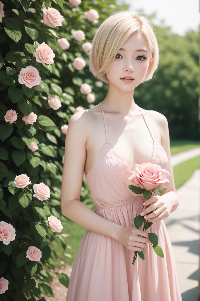 8K, CRU photo, Fujifilm, style photo of a beautiful young woman like Avril in a light pink rose garden (highly detailed skin: 1.2) Style-Petal BREAK and naked short hair, blonde hair with colored highlights, wearing a dress, film grain, 35mm, cute style
