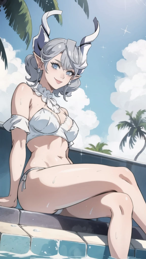 High level image quality best image quality 8K adult woman pool party rain palm trees more colors white body portrait bikini horn ears short hair((shortcut)(gray hair)(perm)(fluffy)) eye color is blue , , attractive evil face , smile , sexy pose , labrynth , barearm , wearing white shade shirt , sitting by the pool , crossed legs , all wet , view from below