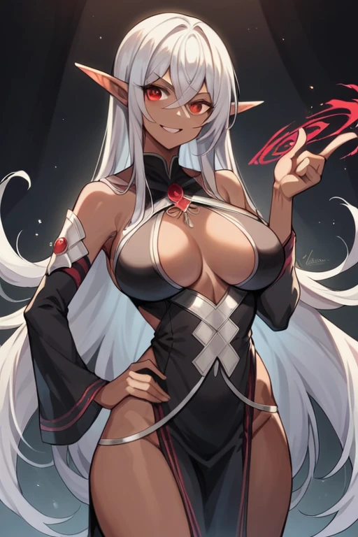 (masterpiece, best quality),dark elf,((dark skin)),long hair（silver hair）,large breasts（slender body）,((put one hand on hips)),hairs between eyes, crossed bangs,ruby red eyes,small eyes,white  Leather light clothing,evil smile,battle aura,Index finger pointing up（magic spell）,