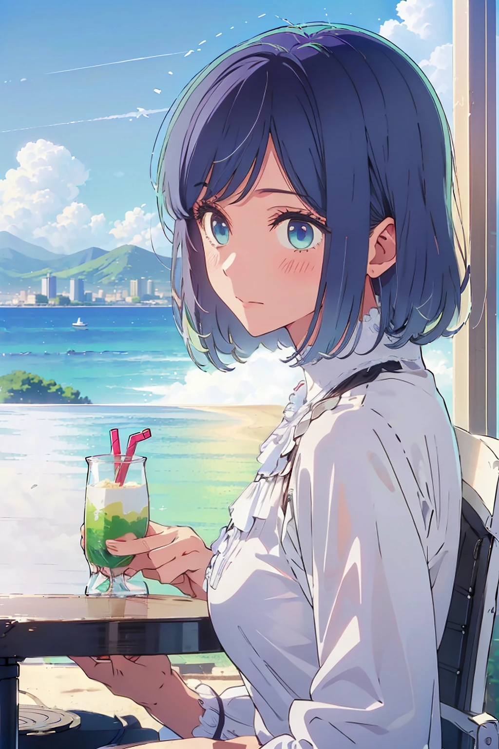 (Highest quality:1.4、8K:1.4、detailed)、F cup bust、Big Breasts、Slim body、Very white beautiful skin、((((1 person、Surprised expression、sit、Chair、In the background are the urban buildings of Tokyo、looking at the camera、Outdoor café terrace、coastal、Navy hair color、juice、A semi-plain, short-sleeved white blouse、The sleeves are puffy、Shooting up close、table、Very cute face))))、(Low ponytail:1.4)、Very blue sky、A completely cloudless sky