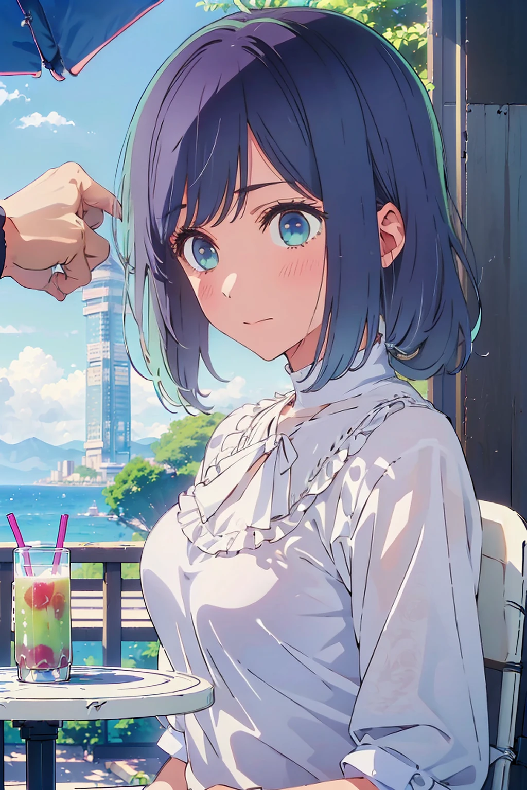 (Highest quality:1.4、8K:1.4、detailed)、F cup bust、Big Breasts、Slim body、Very white beautiful skin、((((1 person、Surprised expression、sit、Chair、In the background are the urban buildings of Tokyo、looking at the camera、Outdoor café terrace、coastal、Navy hair color、juice、A semi-plain, short-sleeved white blouse、The sleeves are puffy、Shooting up close、table、Very cute face))))、(Low ponytail:1.4)、Very blue sky、A completely cloudless sky
