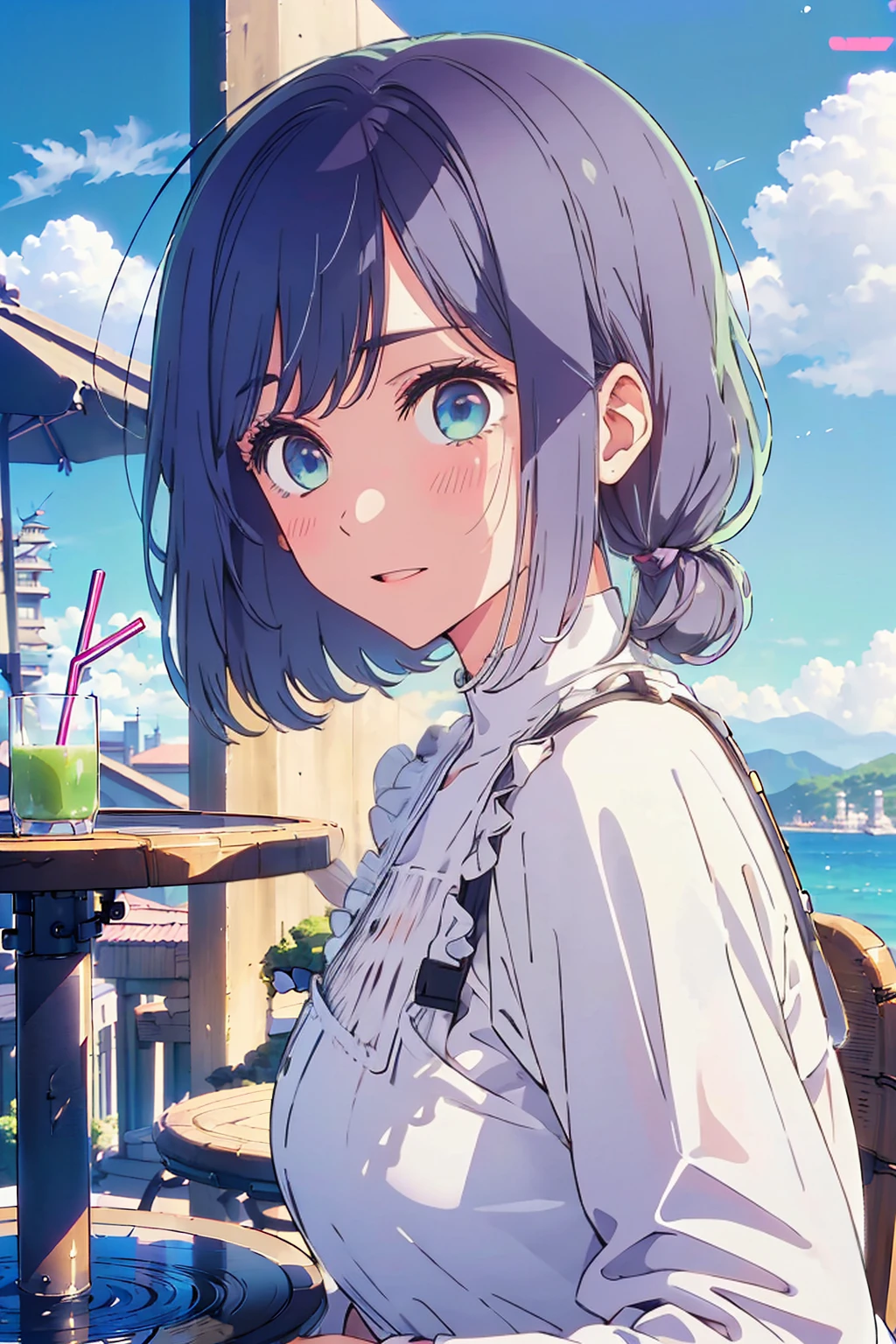 (Highest quality:1.4、8K:1.4、detailed)、F cup bust、Big Breasts、Slim body、Very white beautiful skin、((((1 person、Surprised expression、sit、Chair、In the background are the urban buildings of Tokyo、looking at the camera、Outdoor café terrace、coastal、Navy hair color、juice、A semi-plain, short-sleeved white blouse、The sleeves are puffy、Shooting up close、table、Very cute face))))、(Low ponytail:1.4)、Very blue sky、A completely cloudless sky