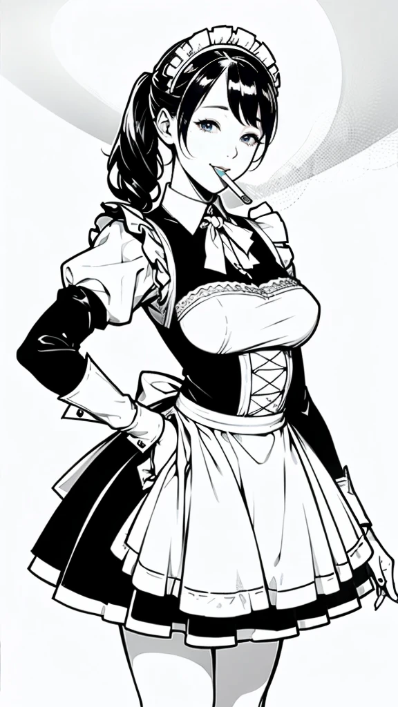 (masterpiece:1.2, Highest quality),(Line art),(Monochrome),(Very detailed),8K,wallpaper,1 female,Cute face,smile,((Maid in a maid café)),((betterhand)),Random hairstyle,Random pose,Beautiful female hands,((lineart, monochrome)),BREAK(((maid cafe))),(((cigarette to mouth))),((a girl in gothic costume standing))