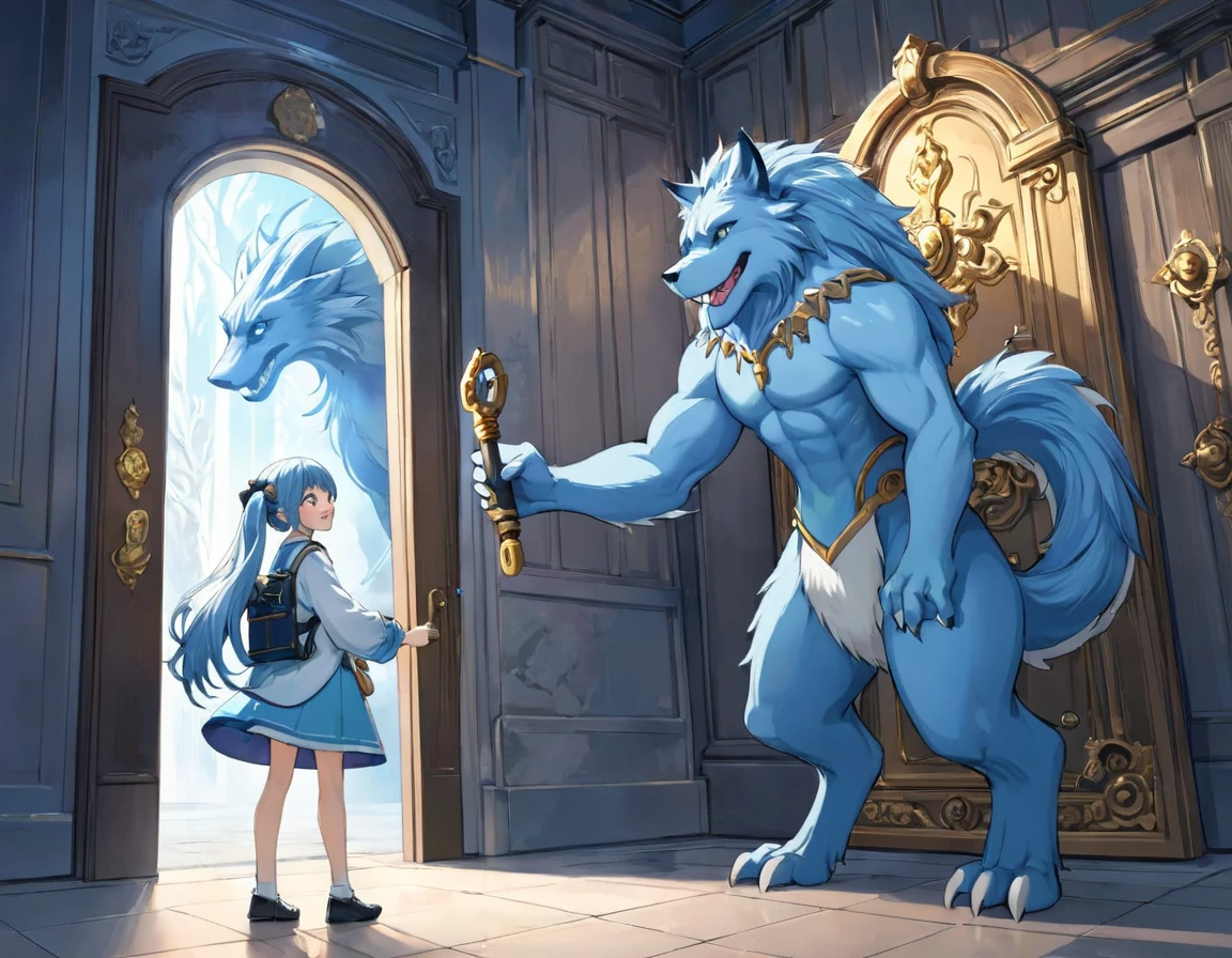 Light blue long hair、Twin-tailed Girl、holding a big key、Bright smile、Standing in front of a large magical door guarded by a scary beast、profile、