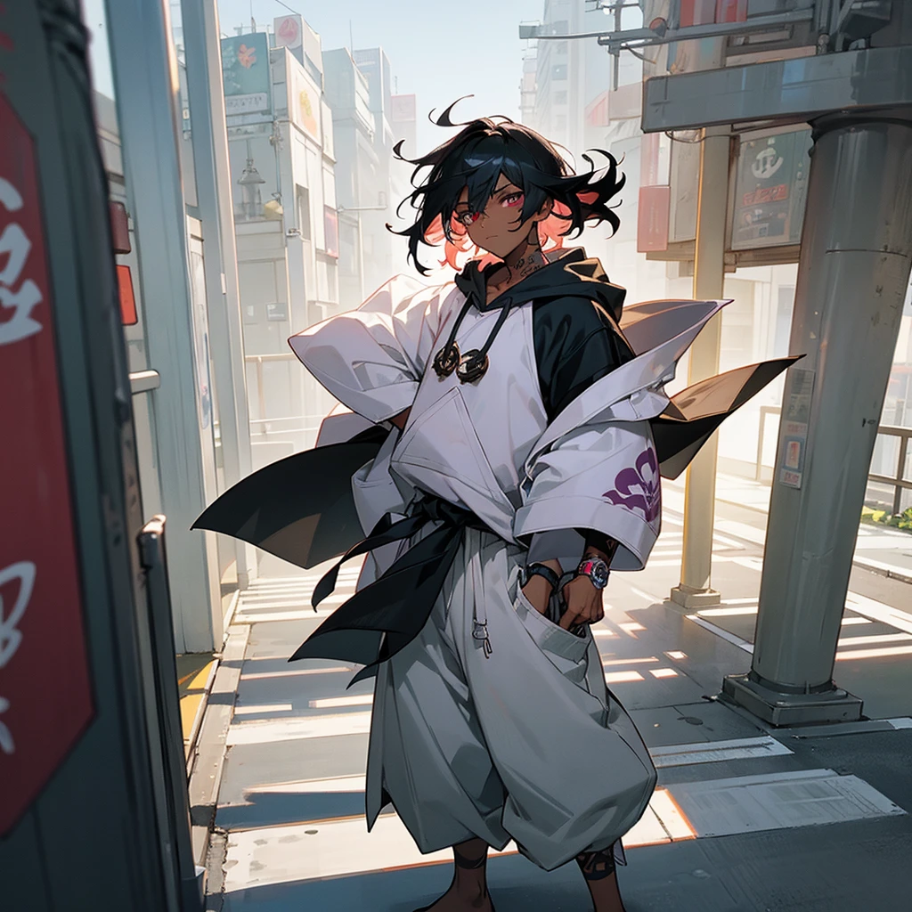 1male, young adult, dark skin, finely detailed plum eyes, wild medium hair, two tone hair, black hair color, seashell white hair color, oversized hoodie, baggy pants, standing on building, day time, tokyo streets, e expression, muscular, tattoos
