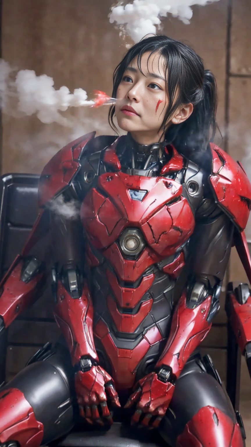 Rough skin, Very detailed, Advanced Details, high quality, 最high quality, High resolution, 1080P 、、Red Armor、Wearing red and black、cute((During a break))(Wearing a damaged female robot suit...)(Red Armor)(Broken Armor)Black Hair、、Soaking wet、Transformers、、Sweaty face、Beautiful Face、cute、knock down、よだれing from the mouth、Elementary school girl (Steam coming out of the face) ((Steam from the body)) Sit on a chair Filming location I can see the vagina Open the crotch to the front Look up