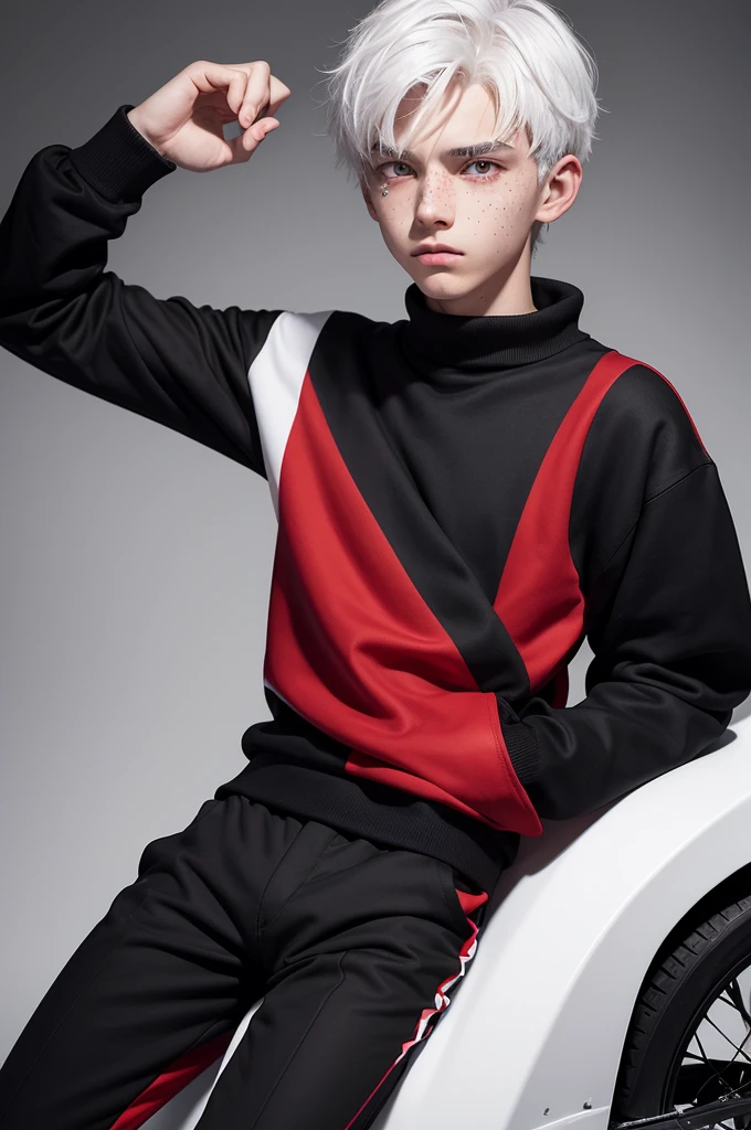 17 year old boy with white hair and black parting underneath, red eyes and few freckles with a scar on the side of the face clothes with black base colors, red and white His clothes are a sweatshirt and black pants with red details forming a star, he wears black and white motorcycle gloves