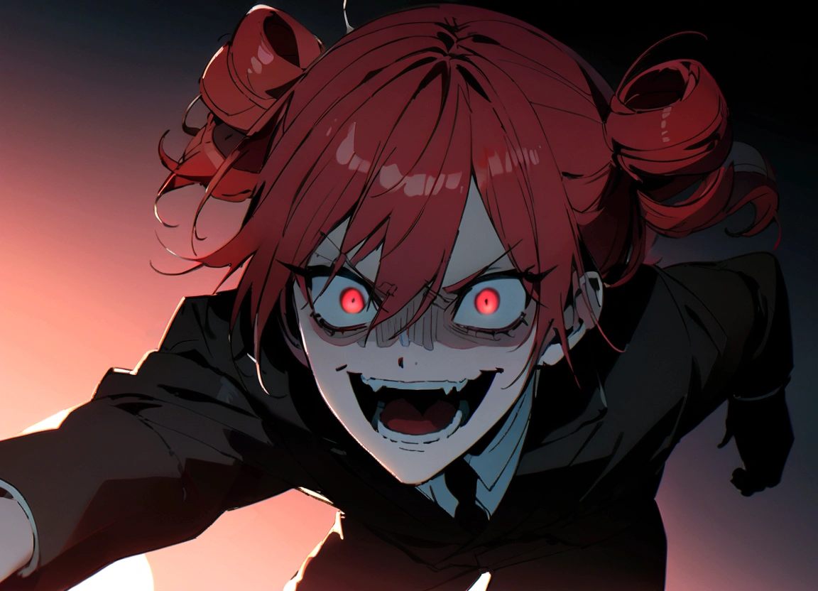 Red hair、Black suit、Black slacks、Wearing leather shoes、Holding a bat、Scary face