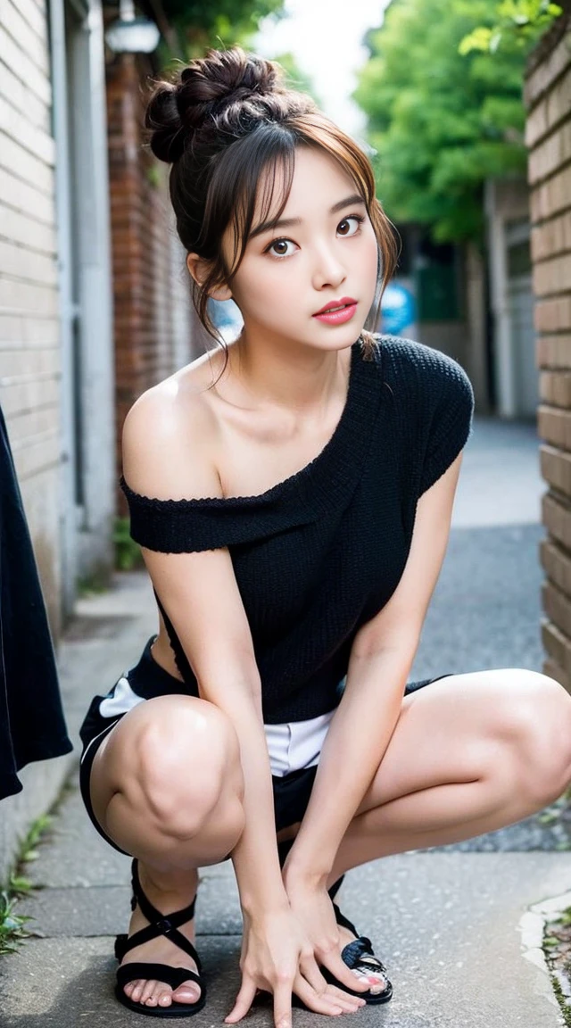 Dark brown hair、Light brown eyes、Japanese actress、 Lady、I am about 40 years old..、(Intricate details:1.2)、(Which one is on top??:1.4)、 (Ultra-high resolution:1.2)、Ultra-high resolution、(Finely tuned)、(Detailed facial features)、Hmph、8K resolution、D cup size breasts、Long Hair、Updostyle, Updo、Hair Bun、1 Girl, A look of deep sadness, (Very detailed美しい顔), (blackのカットソーキャミソール:1.5),black Tight-fitting shorts、 (Bare shoulders:1.3), (Highest quality:1.4), (Very detailed)、Beautiful white skin, Top view、 Spread your legs wide, Please open your mouth a little、I can see your legs、Pose of Weakness、Obscene pose、Street fashion、Very sandals、