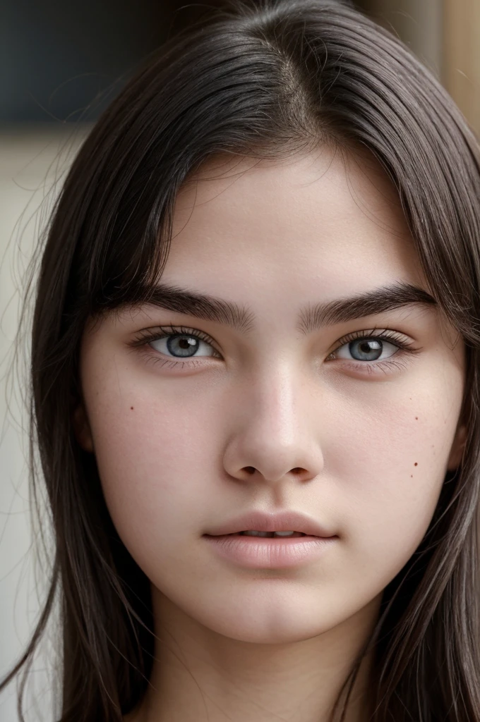 A white-skinned teenager with black hair, tired eyes and upturned nose but at the same time big, oval face and big natural pink lips, perfect eyebrows and a mole that is half visible on the lip