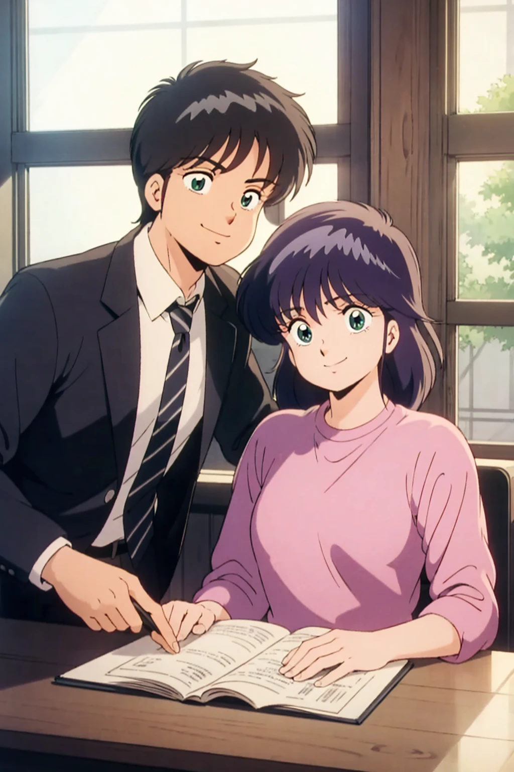 There are two people in the room, One is a woman and the other is a man, At work, High resolution, Madoka Ayukawa,, On the desk,, smile, Beautiful Face,