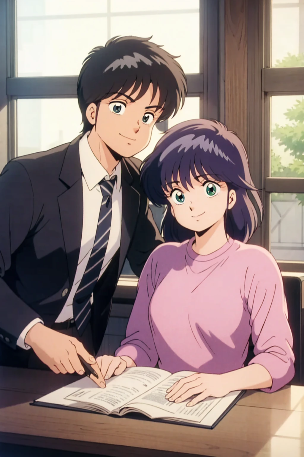 There are two people in the room, One is a woman and the other is a man, At work, High resolution, Madoka Ayukawa,, On the desk,, smile, Beautiful Face,