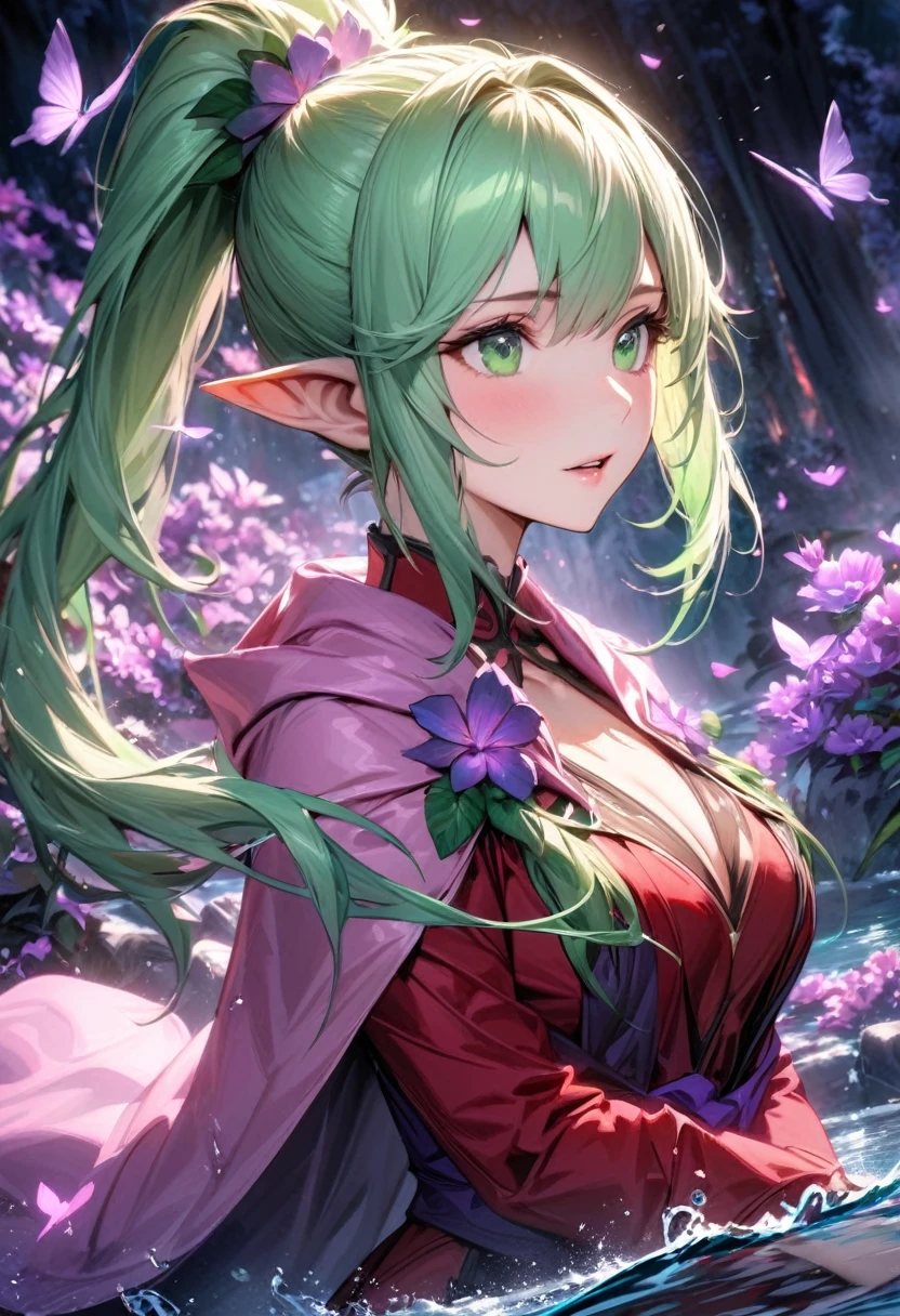 absurdres, highres, ultra detailed, HDR, master piece, best quality, Tiki, light-green long hair, tied in a ponytail, expressive green eyes, fire emblem awakening, solo, woman, beautiful, slightly pointed ears, red dress, pink cape, fantasy, shining, water, purple flowers, purple blossoms, purple butterflies, purple petals